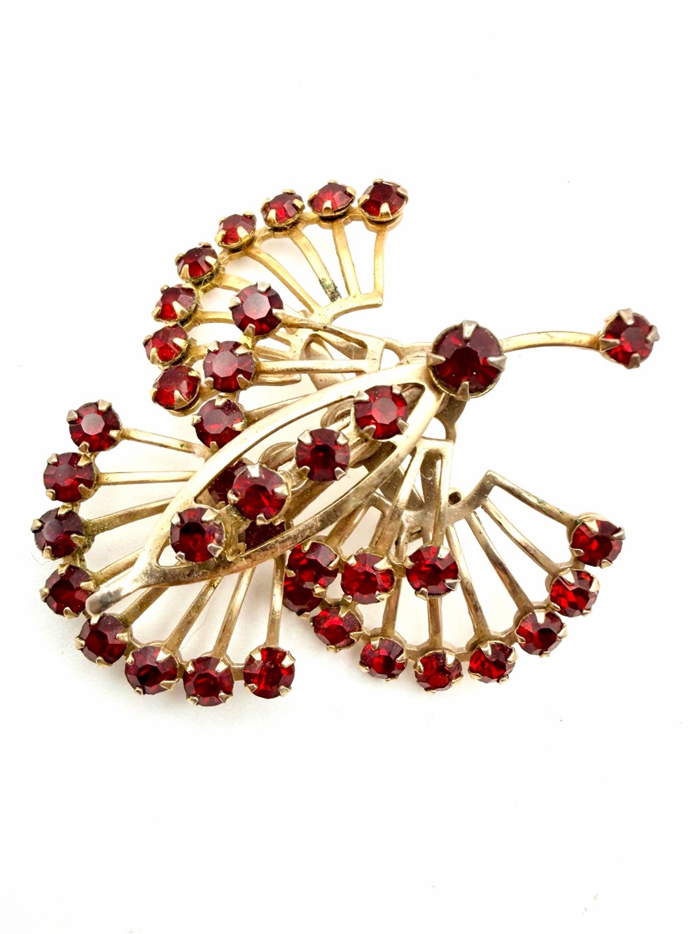 Vintage 1940s 50s Ruby Red Rhinestone Fan Spray Brooch Pin